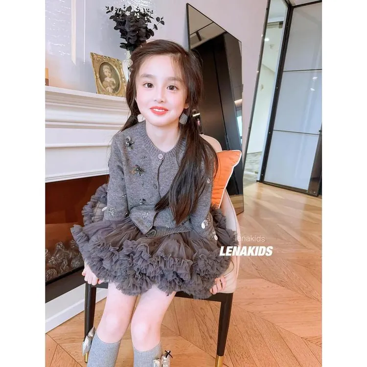 高定时髦洋气闪闪毛衣开衫套装tutu裙2025春款夏洋气女童裙子新款