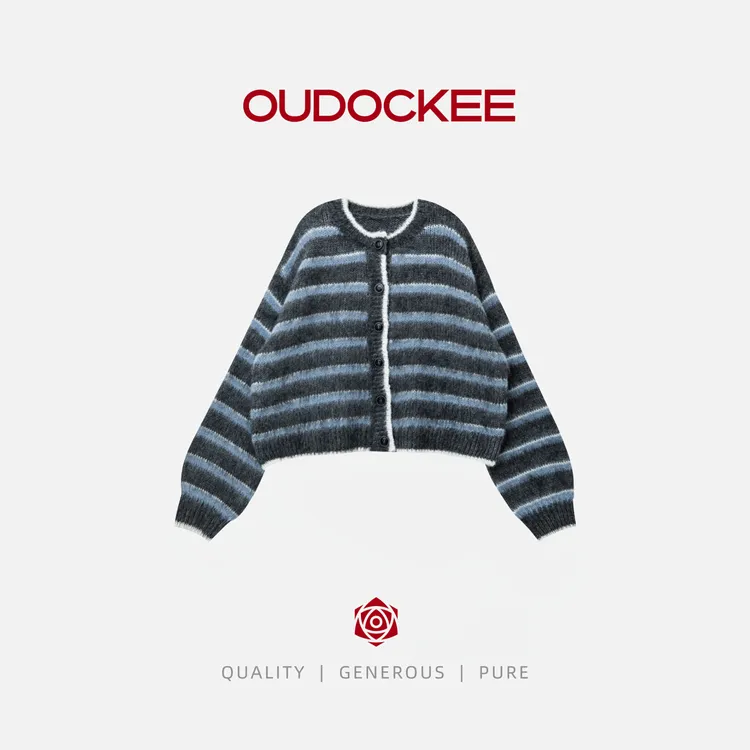 OUDOCKEE 鸥鸥 【绵羊毛】灰茶 圆领条纹百搭廓形开衫 MACAB787T