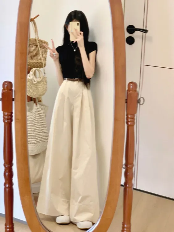 韩系气质穿搭一整套夏日正肩简约显瘦上衣高腰休闲百搭长裤两件套