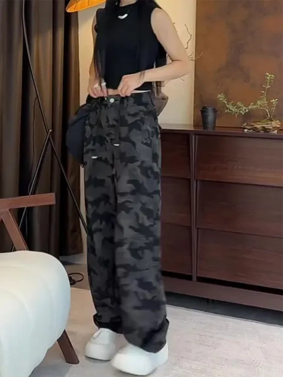 秋季新款大码女装高腰街头风迷彩牛仔裤梨形身材宽松抽绳阔腿裤