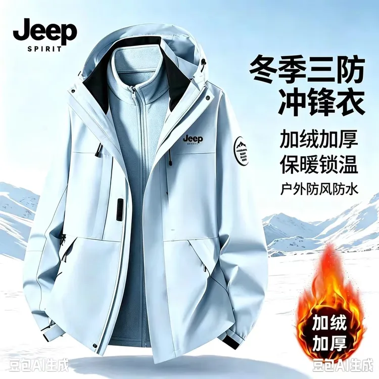 JEEPSPIRIT吉普冲锋衣男女可拆卸秋冬外套防风防水三合一休闲外套