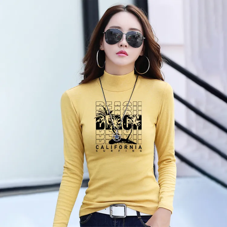 高端半高领打底衫女士保暖大码长袖T恤内搭印花秋衣修身紧身上衣