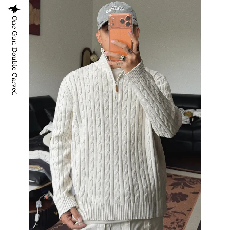 复古麻花半高领麻花拉链保暖毛衣男秋冬季宽松套头针织衫毛衣上衣