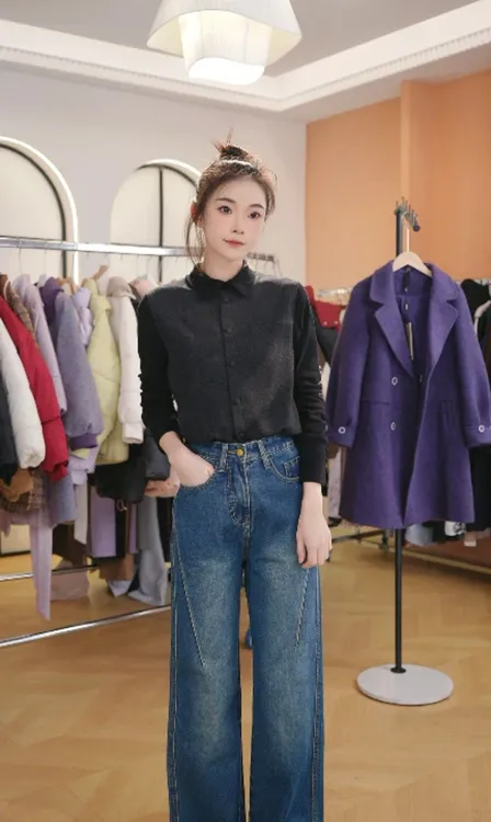 F3081保暖质感毛呢磨毛长袖女士秋冬修身衬衫