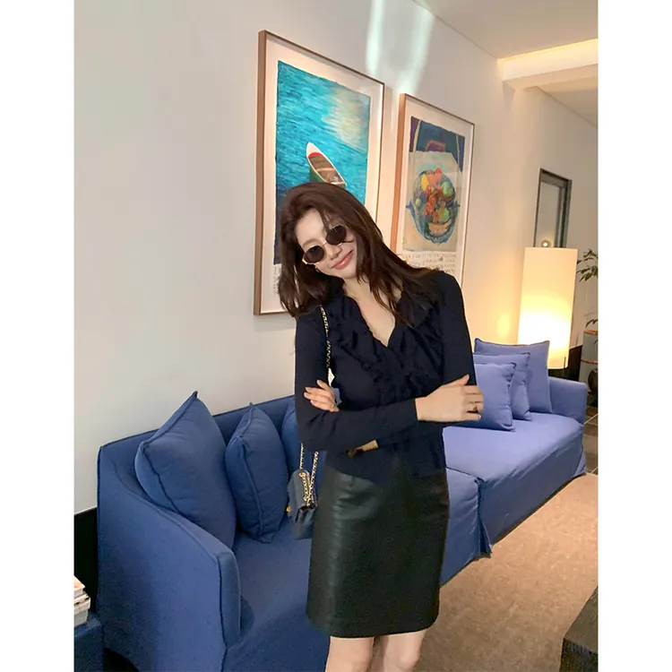 【ALONE SAVOR】龍喜儿杏语微澜 秋冬优雅气质荷叶边针织衫C202