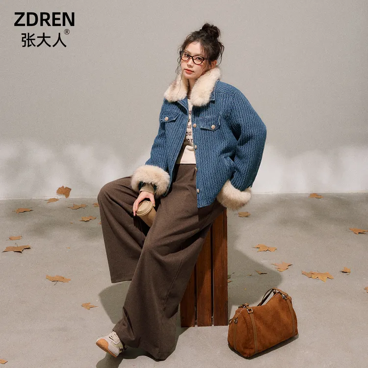 张大人【中古玩家】大码女装微胖妹妹金扣毛领牛仔外套休闲裤套装