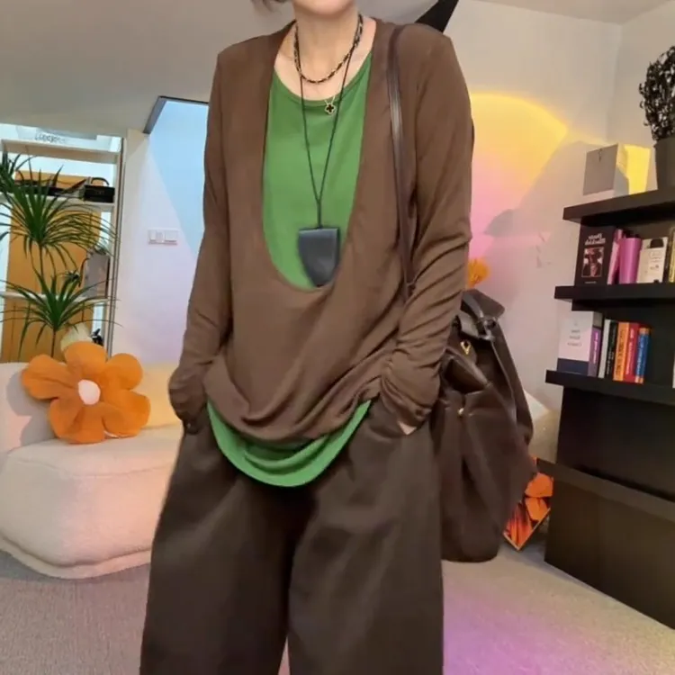 假两件撞色长袖T恤女秋季新款胖MM大码女装高级感宽松显瘦上衣潮