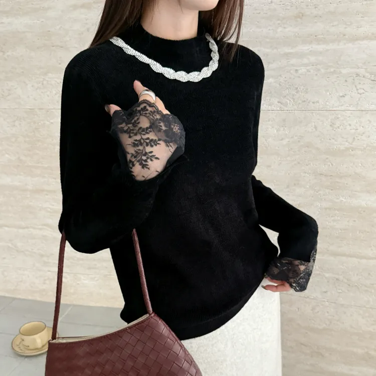 不起球精品天鹅绒针织打底衫半高领秋冬新款项链蕾丝袖毛衣淑女装