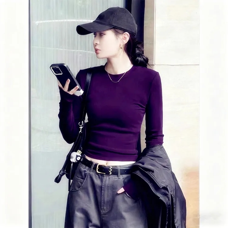 纯棉T恤女秋冬季新款紫色圆领修身显瘦上衣慵懒风长袖打底衫百搭
