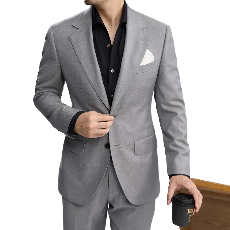 谷巢高定平驳领灰色男士职业正装工作时尚休闲时尚修身西服套装