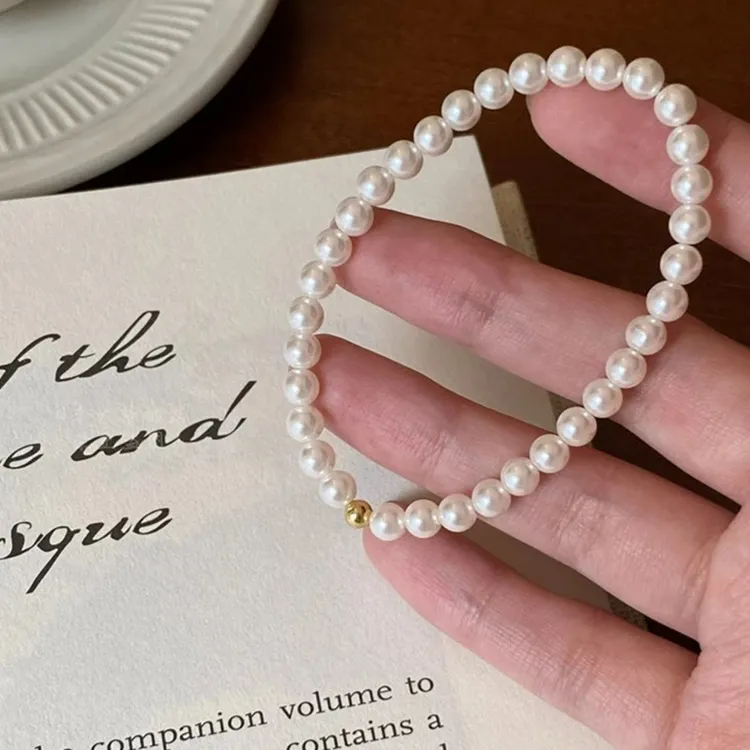 不锈钢仿珍珠手链 金珠施家圆珍珠手链女2025新款法式复古简约通