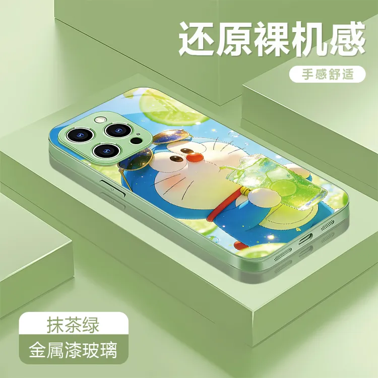 哆啦A梦绿适用苹果17/16华为P70/vivo/oppo金属漆玻璃防摔手机壳