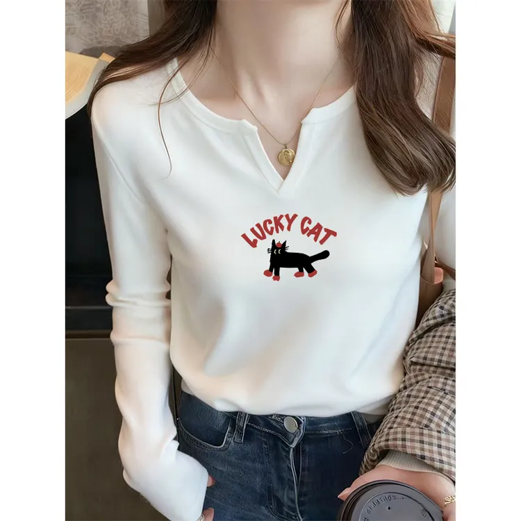 正肩白色v领打底女2025新款秋款内搭超好看设计感印花长袖上衣潮