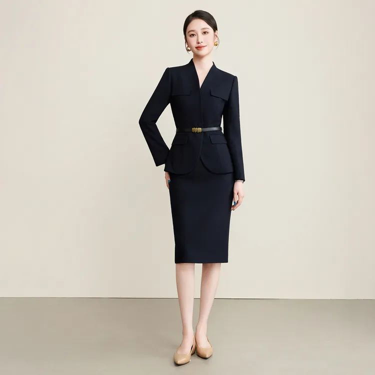 钟老板 藏青色V领西装套装女秋季新款气质干练职业装半身裙两件套