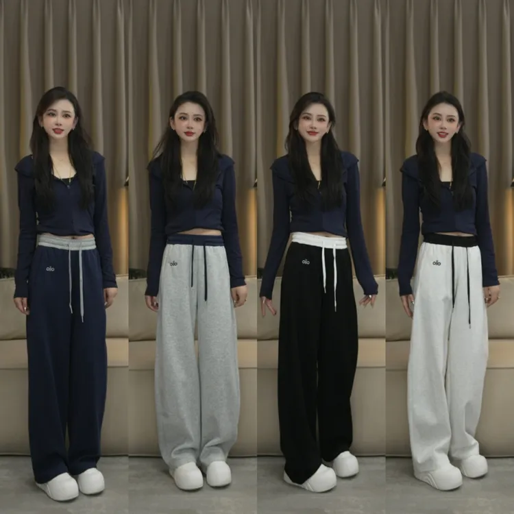 【高克重 高品质版本】秋冬加绒刺绣小标棉美式休闲弯刀阔腿裤女