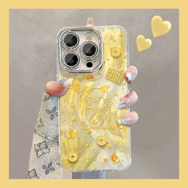 金箔招财猫适用于苹果17vivo华为oppo小米iPhone精孔羽纱纹手机壳