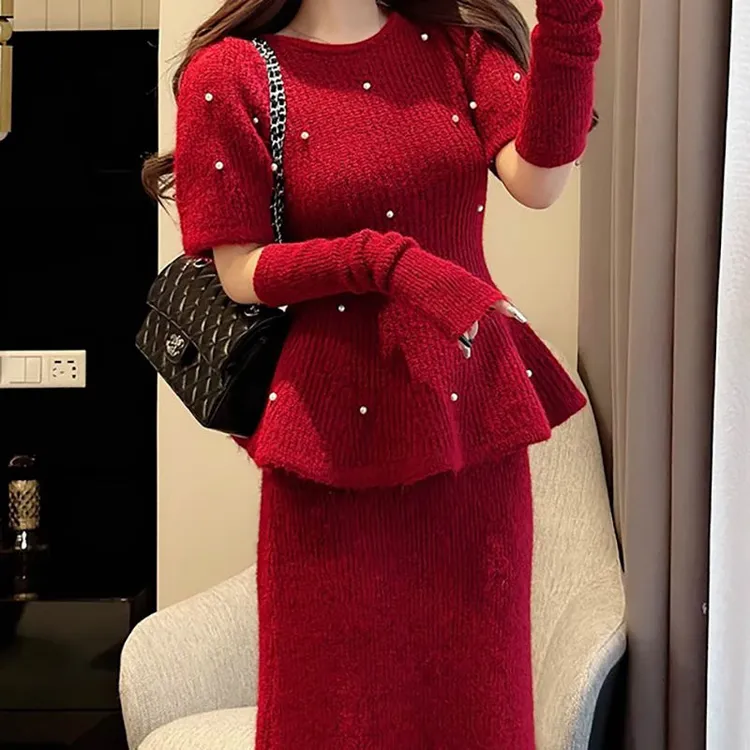 【三件套】气质新年红色新款高级名媛毛衣+袖套+半身裙红色套装女