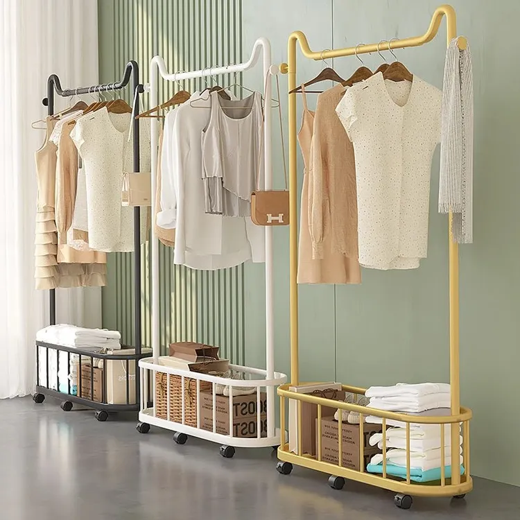 简易衣帽架卧室落地挂衣架房间可移动轻奢家用收纳筐客厅衣服架子