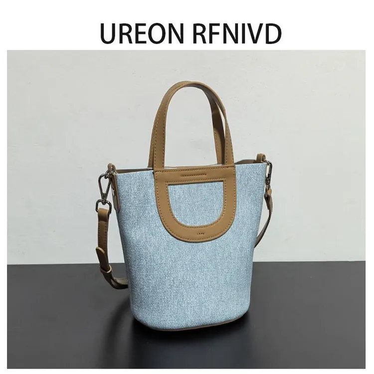 Ureon Rfnivd撞色韩系手提水桶包牛仔菜篮子包2025新款通勤斜挎包