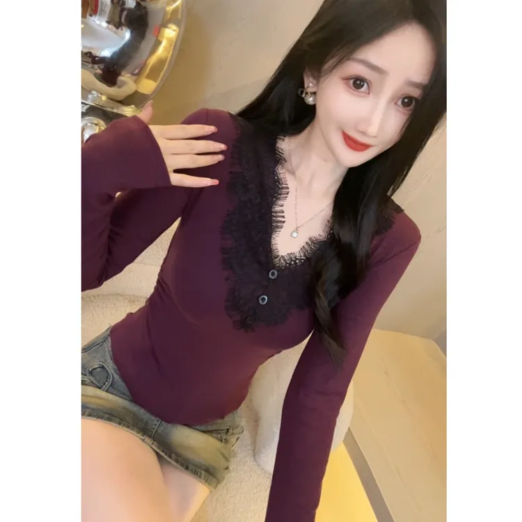 退货补6-8【娜哥031】蕾丝拼接T恤女长袖秋装新品