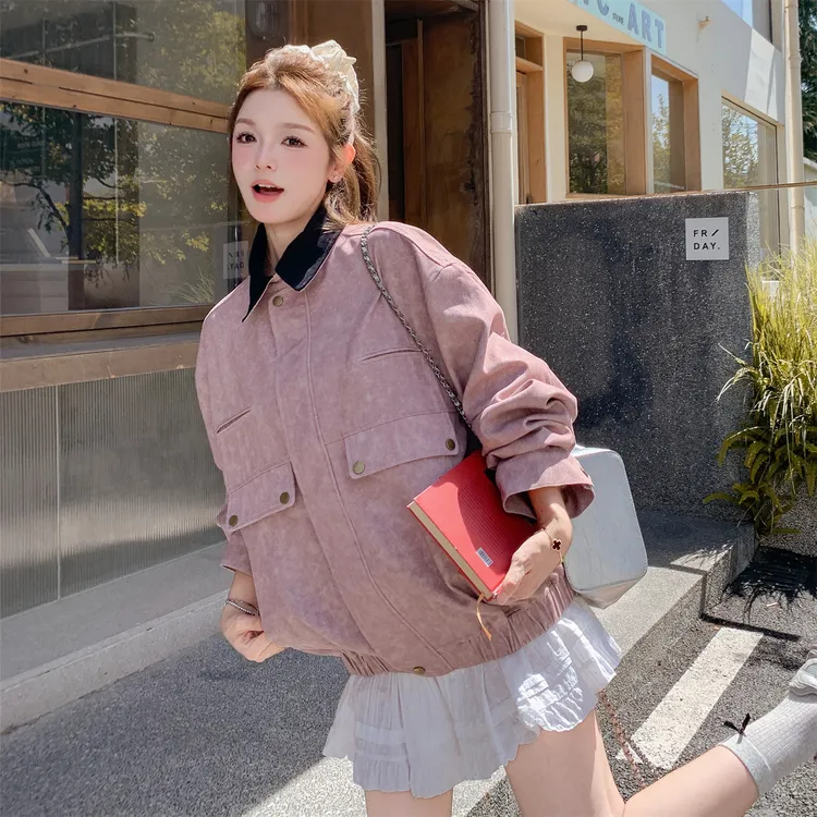 多巴胺休闲翻领粉色皮衣短外套女春秋2025新款小个子PU夹克巨好看