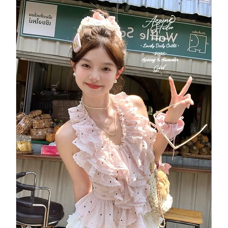 夏季新款荷叶边挂脖设计波点无袖上衣多巴胺穿搭纯色裙子两件套装