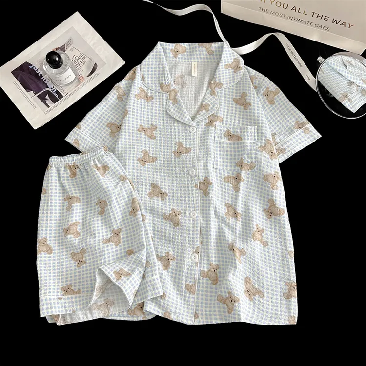 athflow风家居服套装短袖格子熊睡衣女日系套装夏季薄款加大宽松