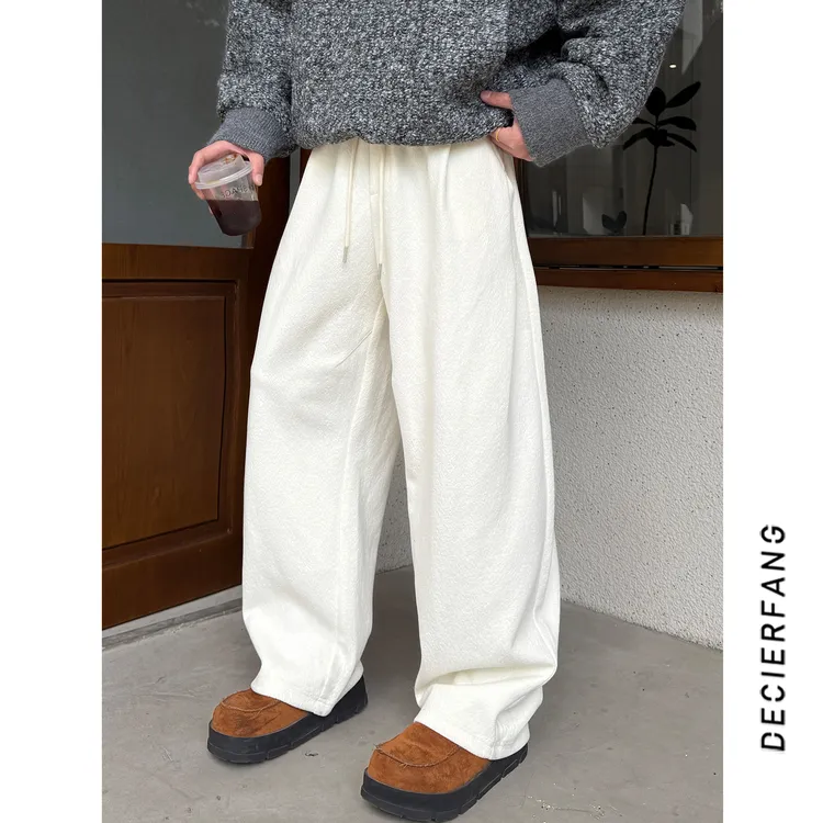 秋冬季新款桑蚕丝羊毛混纺休闲裤男士百搭宽松加厚长裤子男女同款