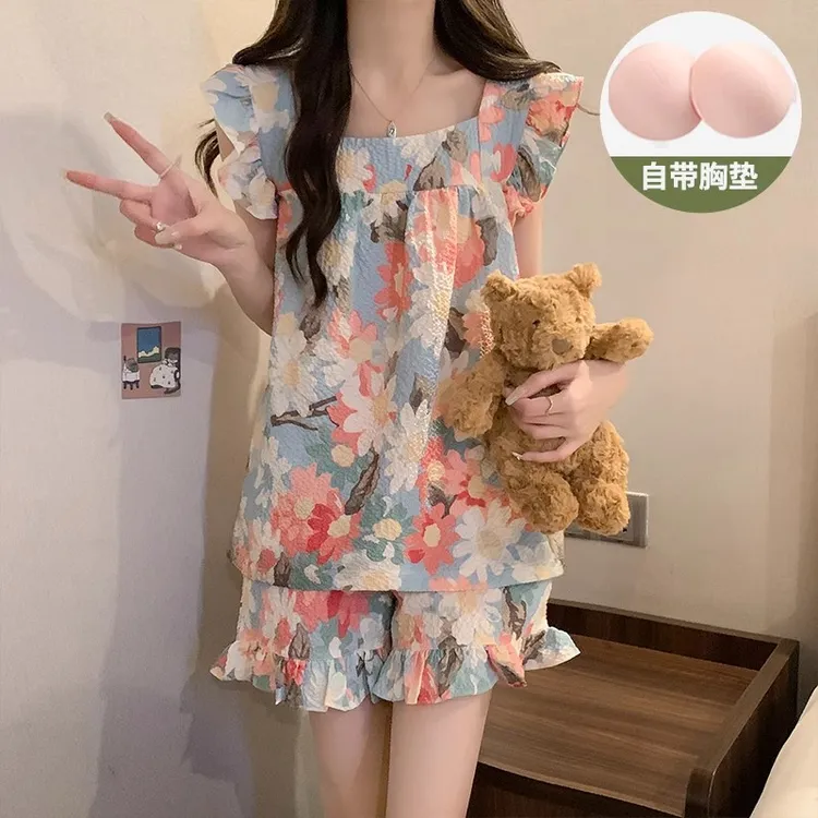 带胸垫睡衣女夏季新款小飞袖甜美花朵夏天无袖套装网红爆款家居服
