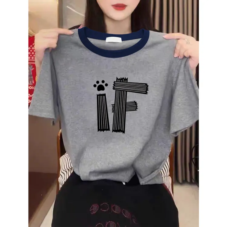 2025新款正肩纯棉短袖t恤女ins休闲百搭插色洋气撞色灰色上衣夏季