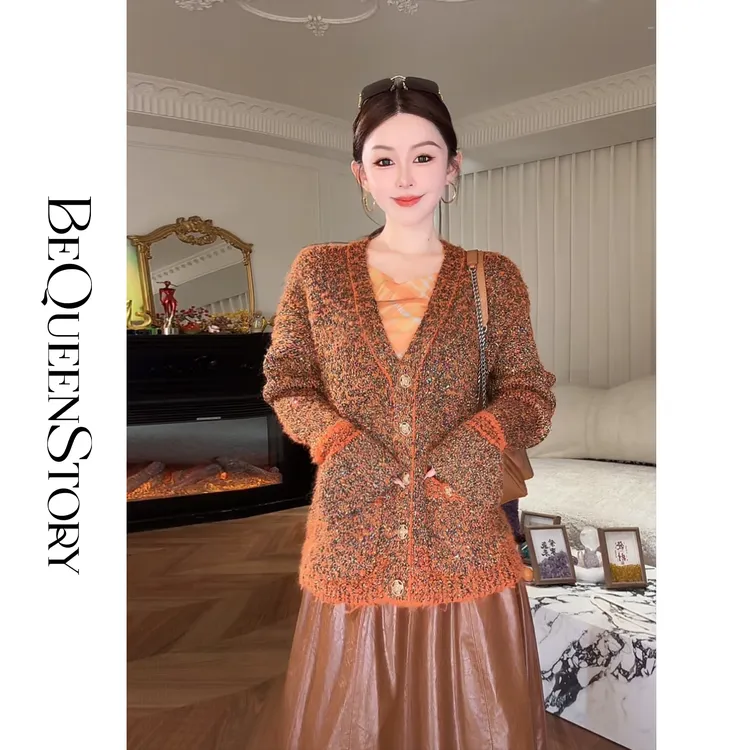 余潇潇【静奢橘彩】高奢纱线金丝混织爆闪V领马蹄袖小香开衫毛衣