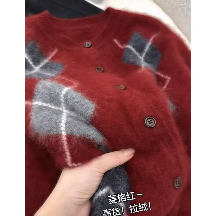 丽姐家~高货红菱格大角羊开衫长袖洋气针织百搭宽松秋冬上衣