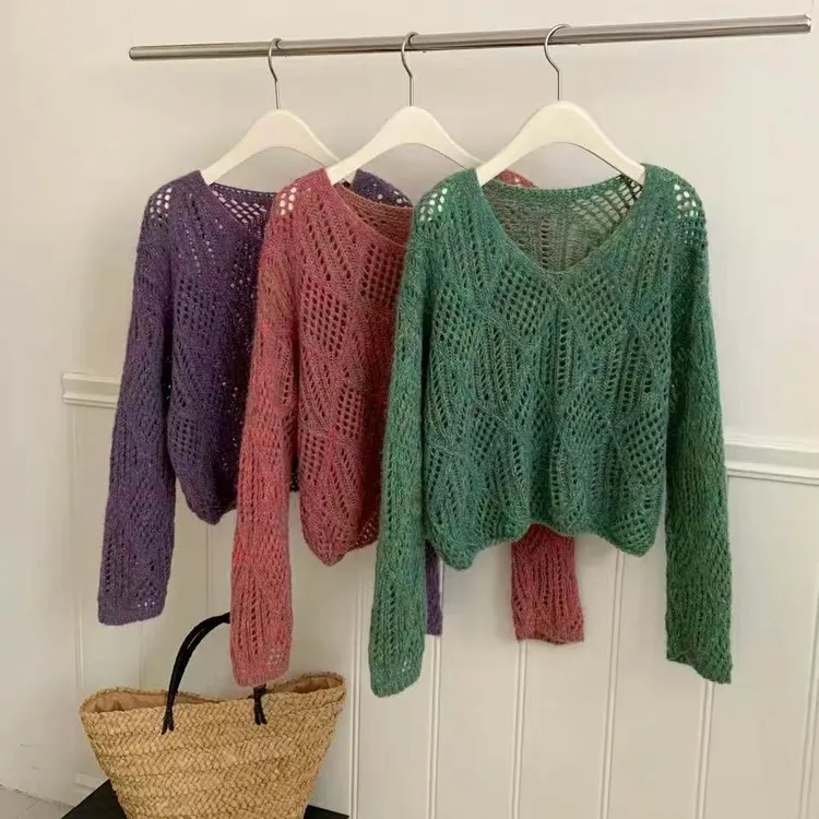 「太温柔了」2025秋V领镂空花线针织衫韩版时尚慵懒风毛衣女