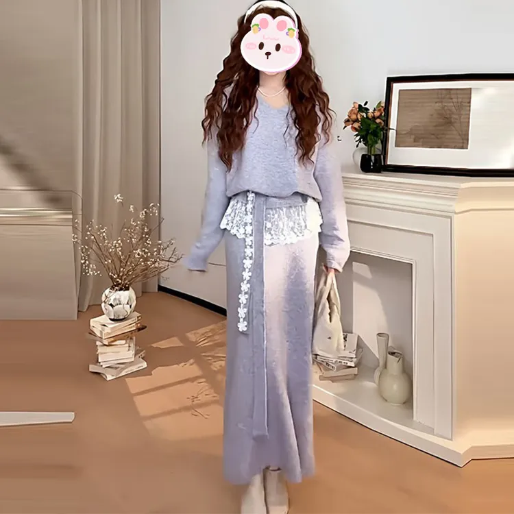 韩版时尚套装女冬季新款宽松显瘦蕾丝拼接v领毛衣半身裙两件套潮