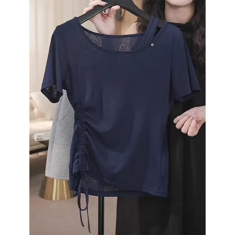 极简风设计感短袖t恤女2025夏季新款抽绳时尚气质减龄薄款上衣潮