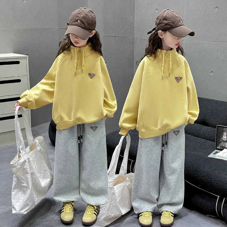 女童卫衣套装春秋季2025新款中大童宽松阔腿裤儿童洋气时髦两件套