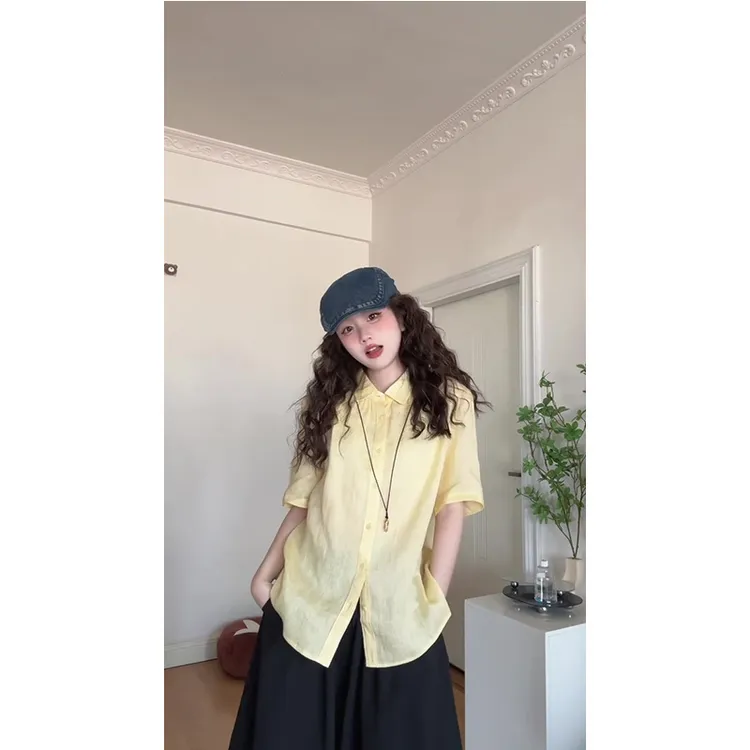 学院风奶黄色衬衫外套女夏季2025新款韩系宽松短袖衬衣半身裙套装