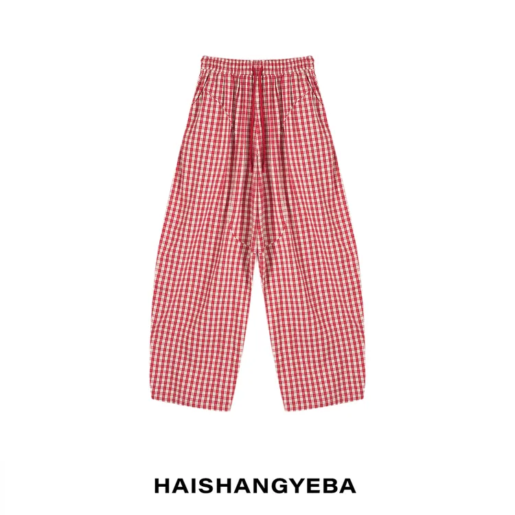 【海上叶爸】新款2025夏季百搭棉松紧腰宽松格子阔腿休闲裤