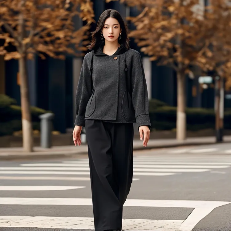 YAHONGNA宽松型甜美风连帽纯色双面羊绒女外套2025秋冬新品秋季