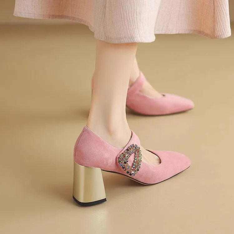 7cm|粉色真皮高跟鞋法式一字带玛丽珍鞋女真皮包头半拖鞋女