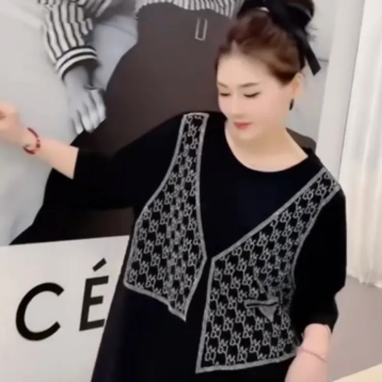 早秋新款中长重工镶钻百搭显瘦大码黑色时尚连衣裙