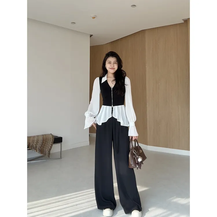 张阿星【索罗尔格调】法式显瘦拼色衬衫+垂坠黑色西装裤 W425C03019