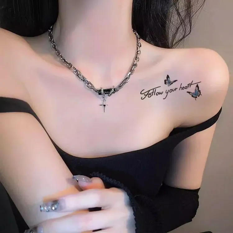 新款蝴蝶英文彩色纹身贴ins高级纯欲风持久防水锁骨仿真性感辣妹