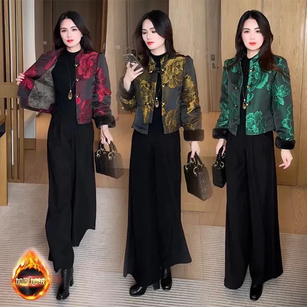 2025秋冬新款新中式穿搭时尚气质洋气显瘦国风提花加绒短外套113