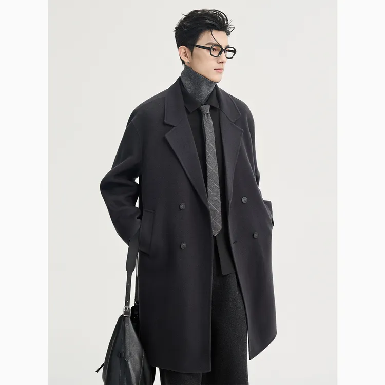 【100羊毛】BJZE秋冬季全毛纯色双面呢大衣男士宽松百搭外套P441521