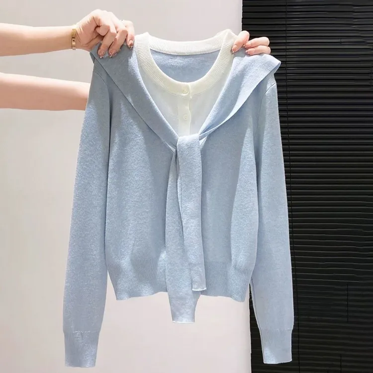 宽松显瘦【80-200斤】撞色披肩假两件针织衫女小众别致长袖上衣女