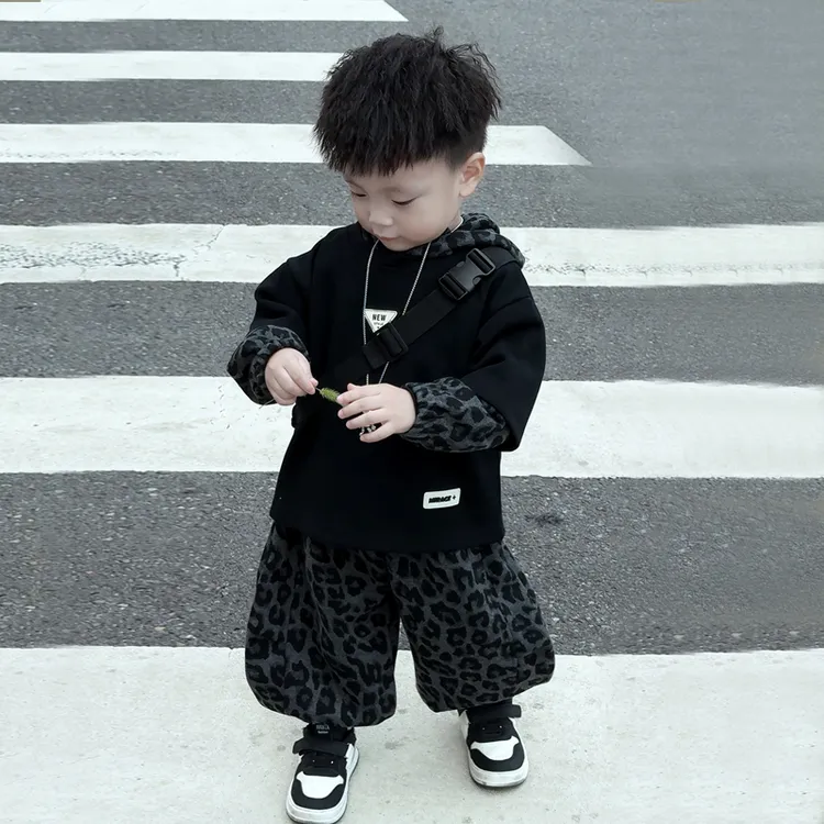 男童秋装卫衣套装2025春秋季新款儿童韩系洋气衣服豹纹长裤两件套