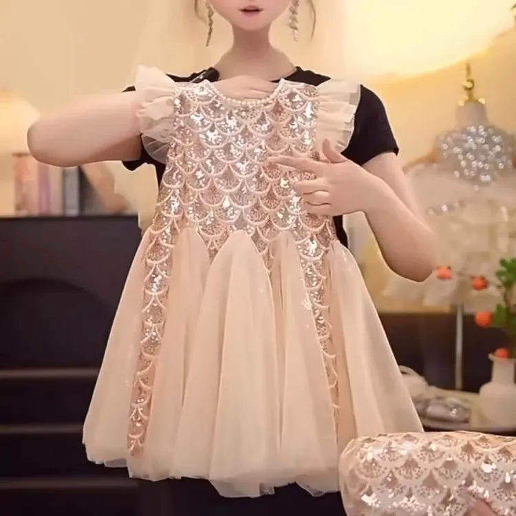 新款夏季公主裙女童金色亮片连衣裙生日派对礼服蓬蓬裙
