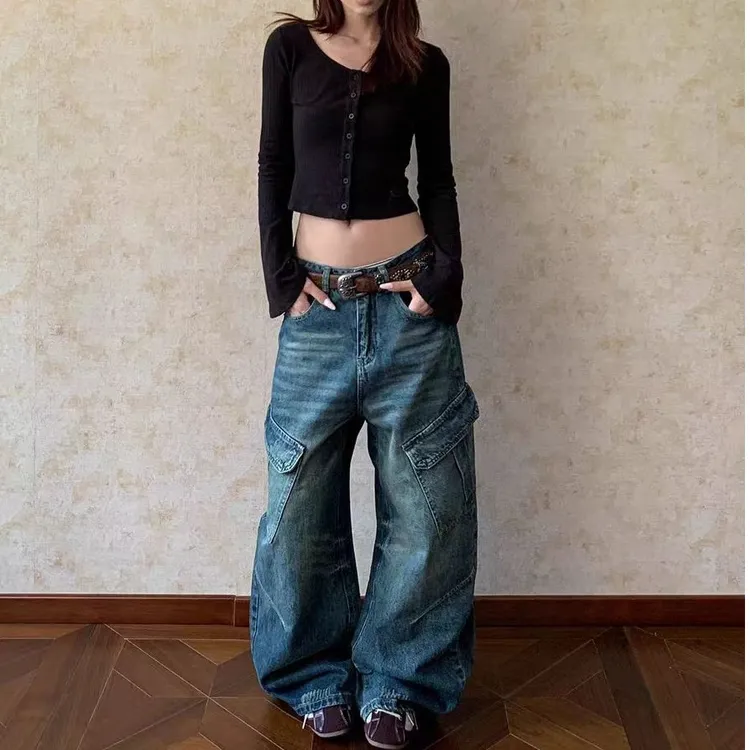 复古时尚高街做旧拼接高腰显瘦牛仔裤男女秋季大口袋阔腿工装裤