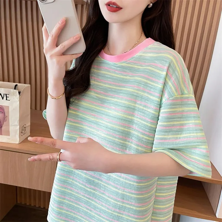 云彩棉时尚条纹短袖T恤女夏季韩版宽松大版小个子洋气减龄上衣服